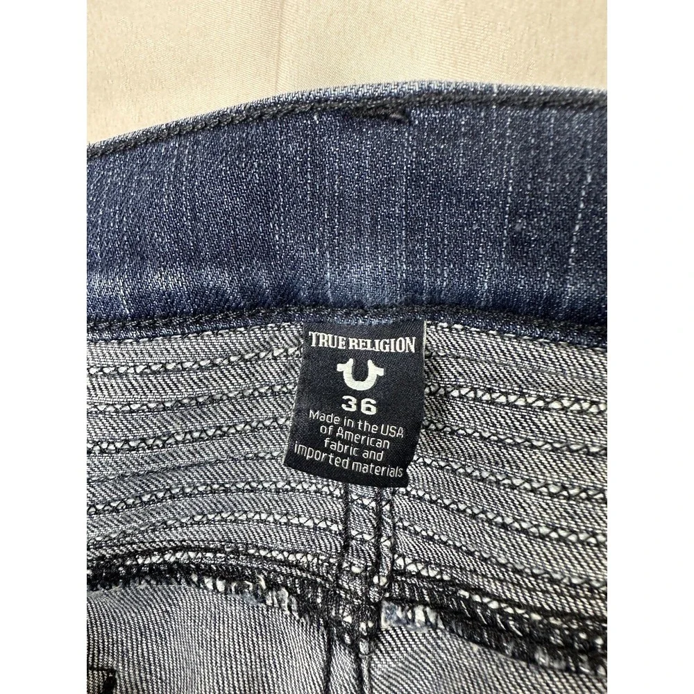 True Religion Geno Relaxed Slim Moto Mens Blue Denim Shorts Size 36 Distressed